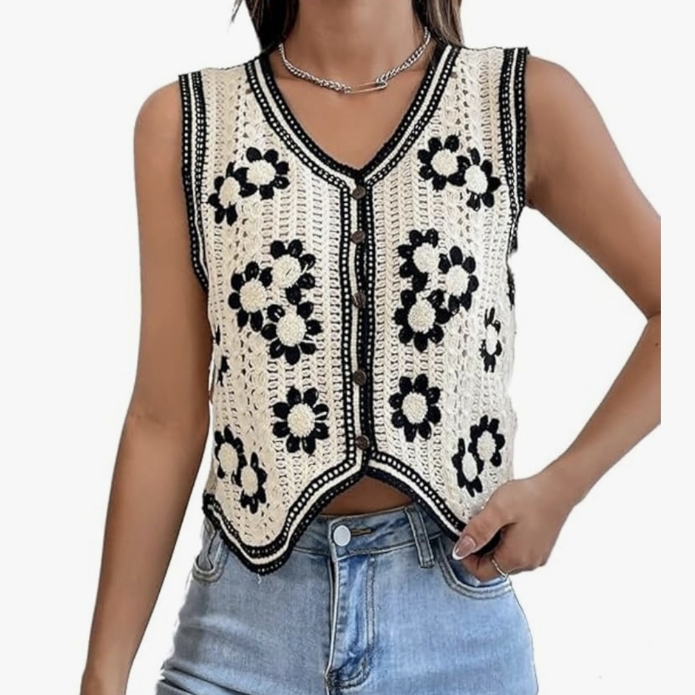 Women's Button Front Sleeveless V Neck Crochet Embroidered Sweater Short Vest